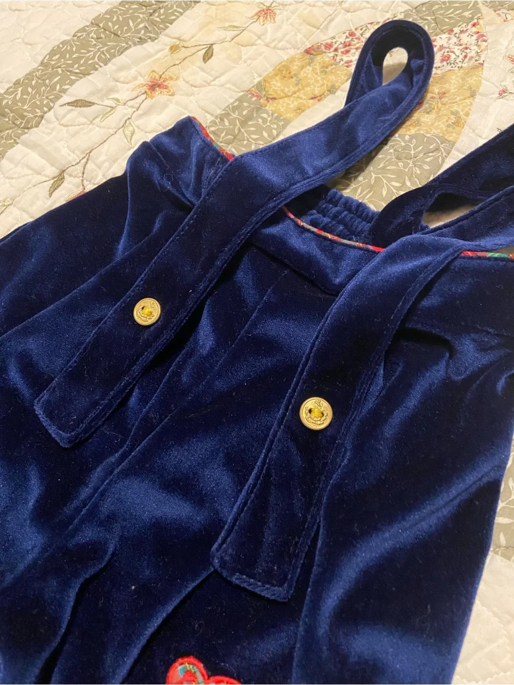 Vintage Blue Velvet Baby Overalls with Plaid Bear Design Size 6-9 Months Unisex